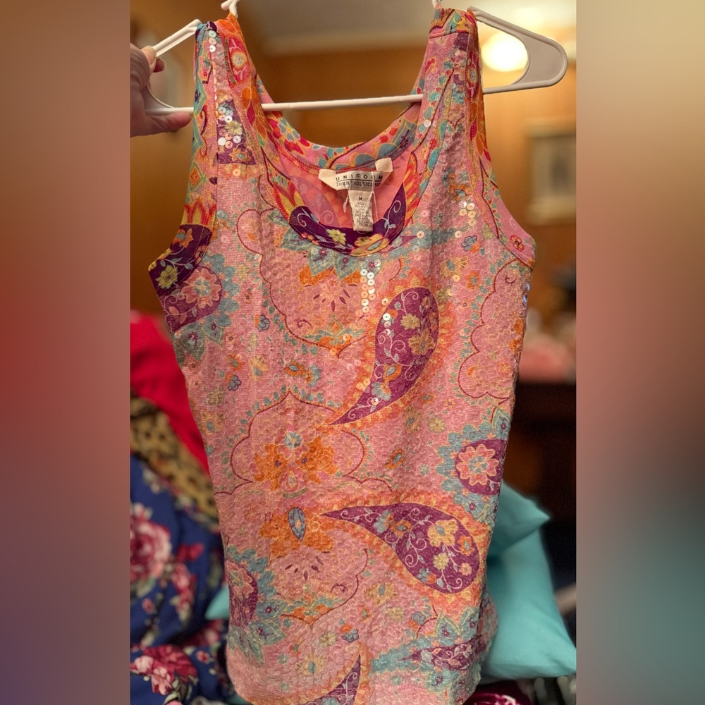 JohnPaulRichard Tank Top Women’s M Pastel Paisley Print Sequin Y2K Glam NWOT